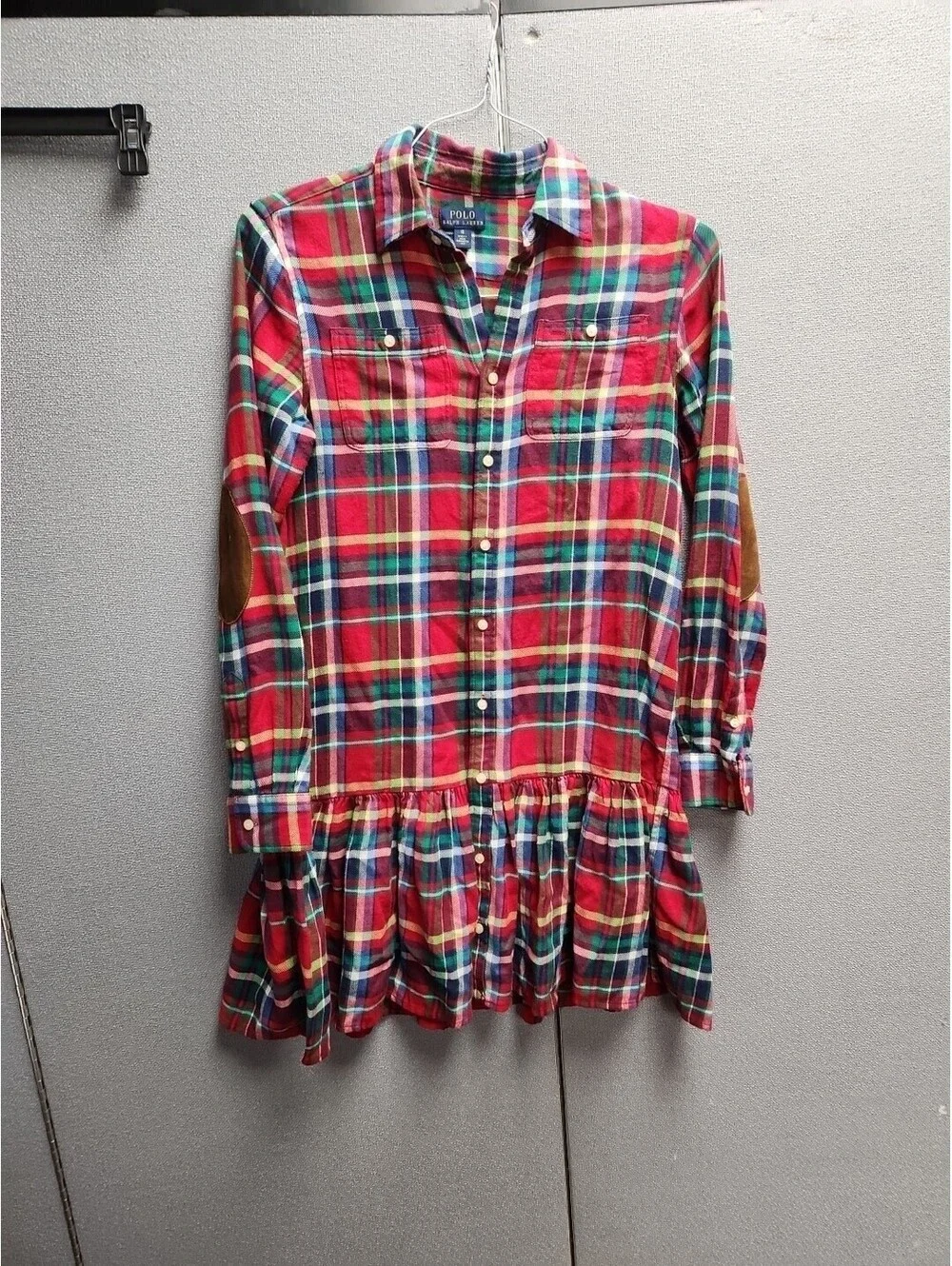 Polo Ralph Lauren Girls Flannel Red Plaid Shirt Dress Ruffel Hem Size 16